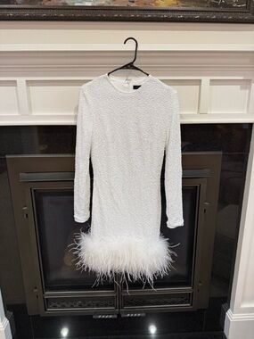 White Feather Hem Long Sleeve Mini Dress